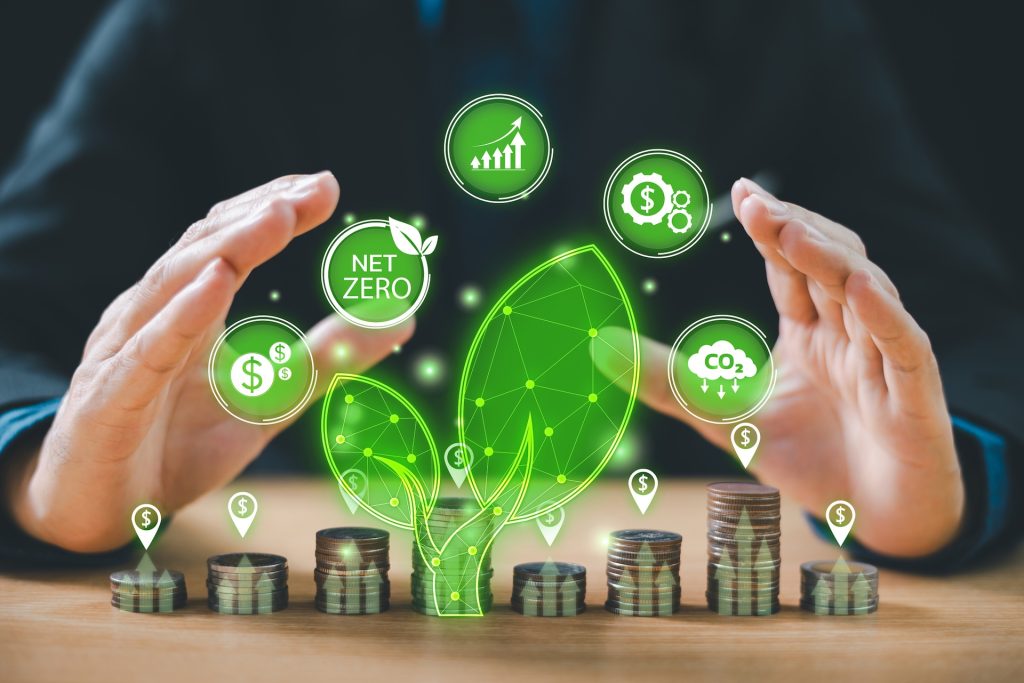 Green business concept. bank finance money investment for sustainability, carbon credit. green tree leaf, footprint icon, stack of coins, seedling growing on top. esg, co2 green tax, fund, trading